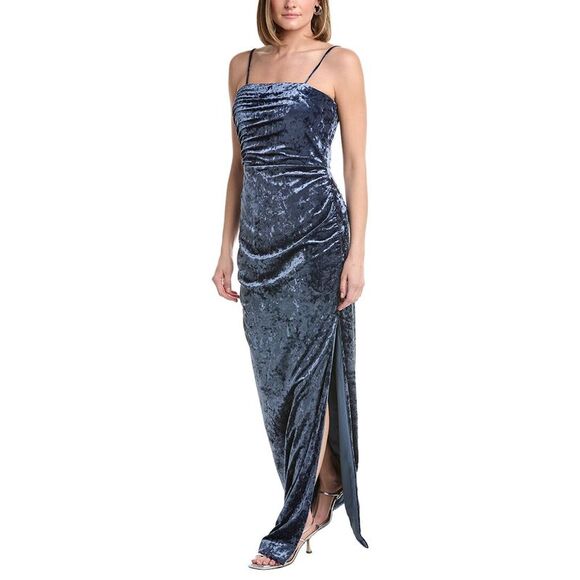 Rene Ruiz WomensStrapless Velvet Burnout Column Gown Blue